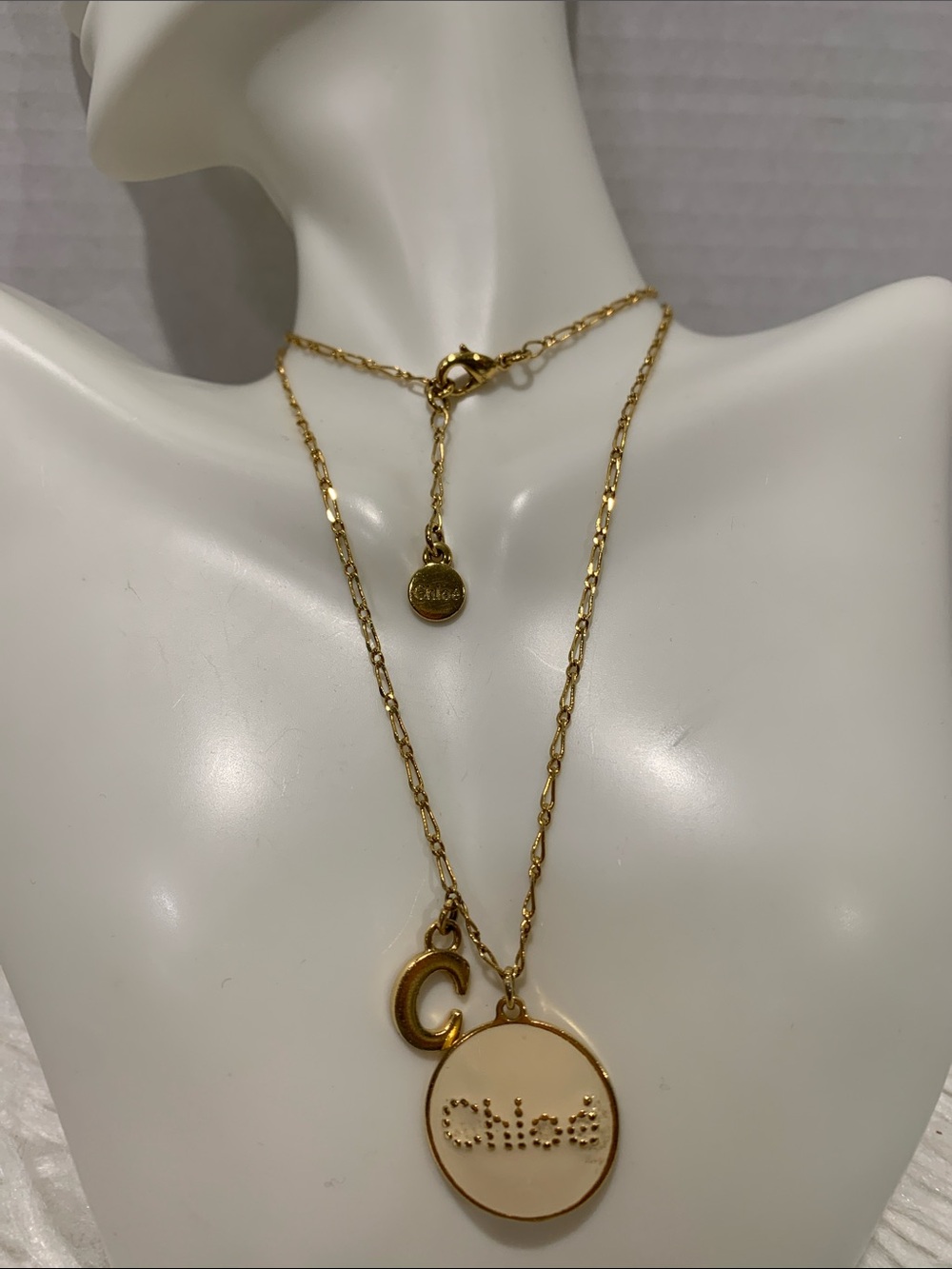 CHLOE Gold-Tone Cream Logo Pendant Necklace
